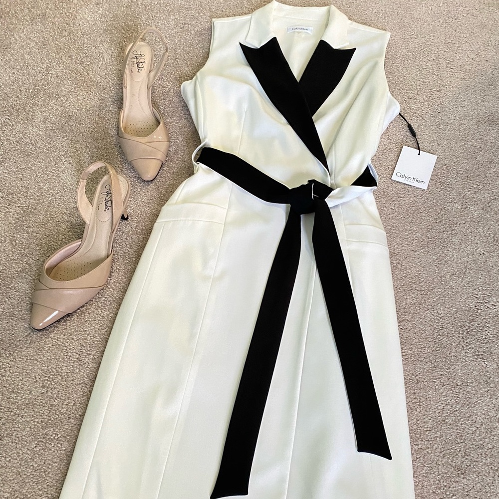 CALVIN KLEIN white/black cocktail formal party wrap dress with tie size 6